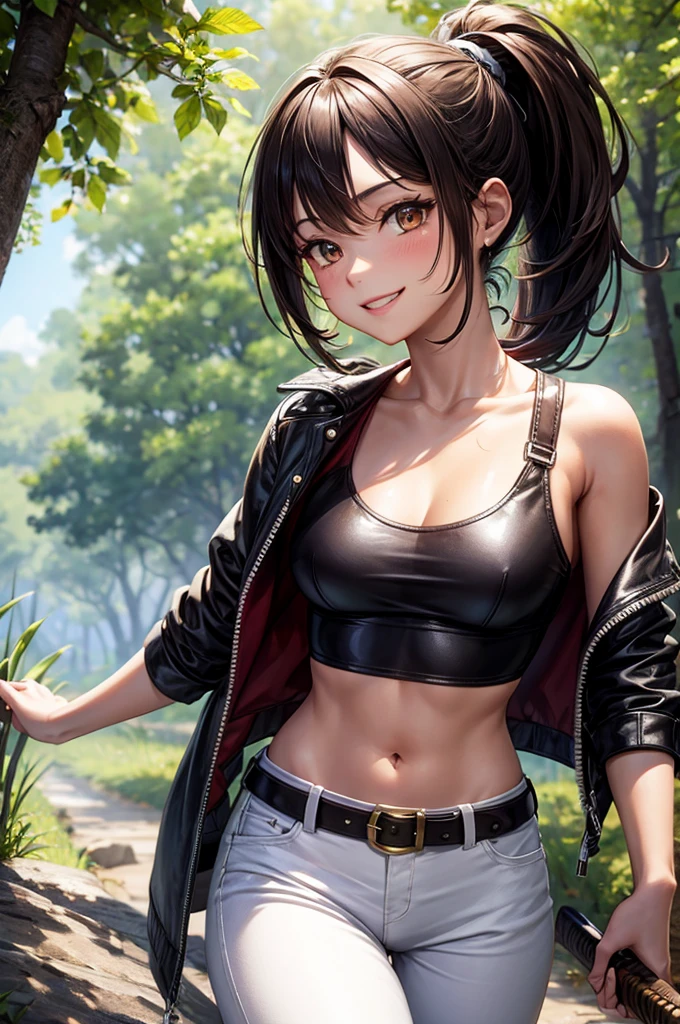 Young girl, tanned skin, short brown ponytail, golden eyes, very small breasts, smiling, leather harness, white sleeveless t-shirt, black fabric pants, leather belt, sword sheathed on right hip, walking on a path land, forest, evening