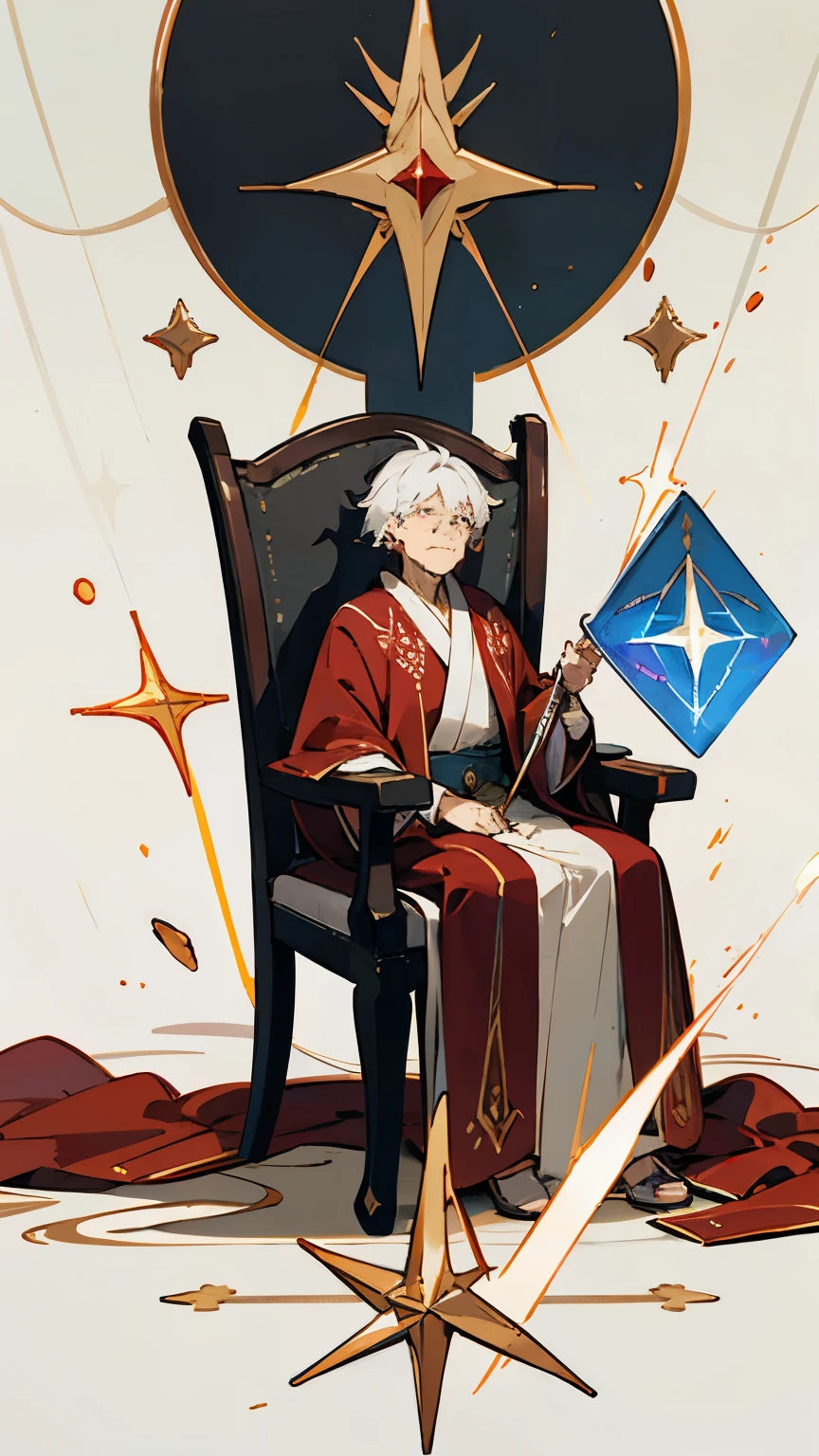 Sorcerer sitting on a chair levitating in the void. The sorcerer is elderly and is dressed in a long white and red robe with glowing magical runes