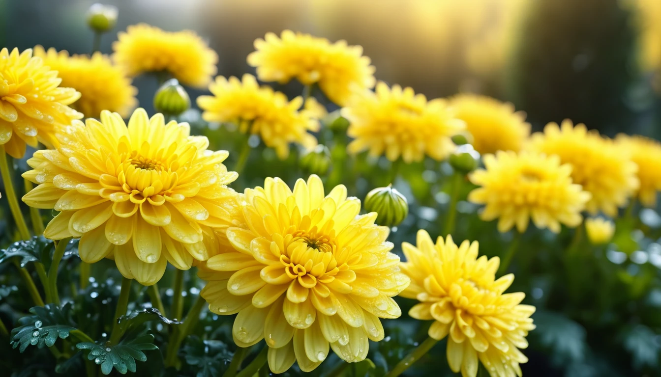 luxurious, large, yellow chrysanthemums, dew, bokeh ,garden in the background, cinematic light, realistic photo, 8k