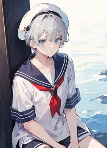 Sailor suit Shorts neutral Gray Hair Blue Eyes 1Boy beret Looking at me