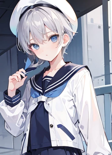 Sailor suit　Shorts　neutral　Gray Hair　Blue Eyes　１Boy　beret　Looking at me