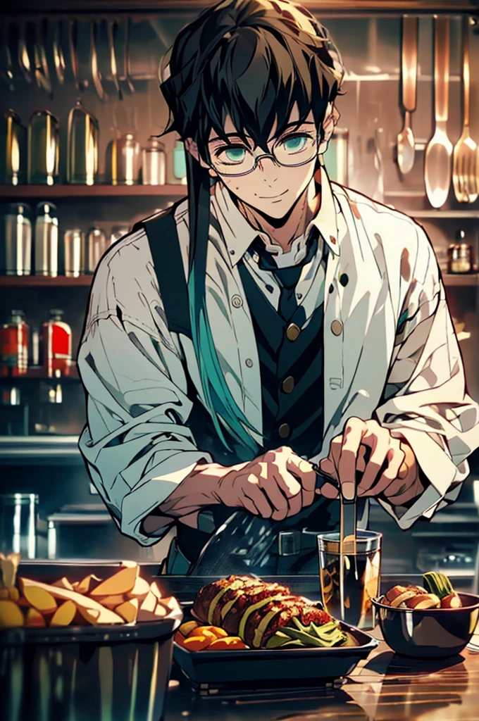 (masterpiece, highest quality, best quality, highest detailed, perfect face) 1 male, adult, muscular, broad man, long green hair, green eyes, (Clothes: glasses, black undershirt, kitchen accessories, apron) in a fast food kitchen, cooking, lots of food, lewd smile,