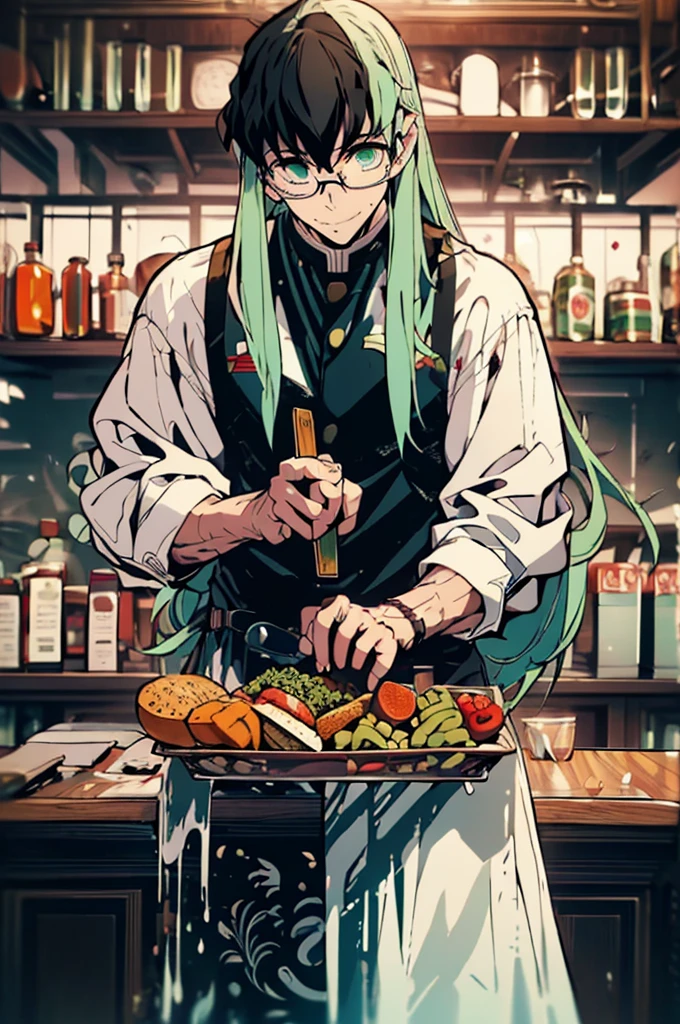 (masterpiece, highest quality, best quality, highest detailed, perfect face) 1 male, adult, muscular, broad man, long green hair, green eyes, (Clothes: glasses, black undershirt, kitchen accessories, apron) in a fast food kitchen, cooking, lots of food, lewd smile,