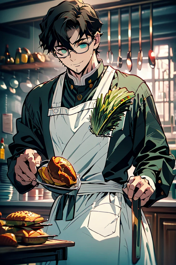 (masterpiece, highest quality, best quality, highest detailed, perfect face) 1 male, adult, muscular, broad man, long green hair, green eyes, (Clothes: glasses, black undershirt, kitchen accessories, apron) in a fast food kitchen, cooking, lots of food, lewd smile,