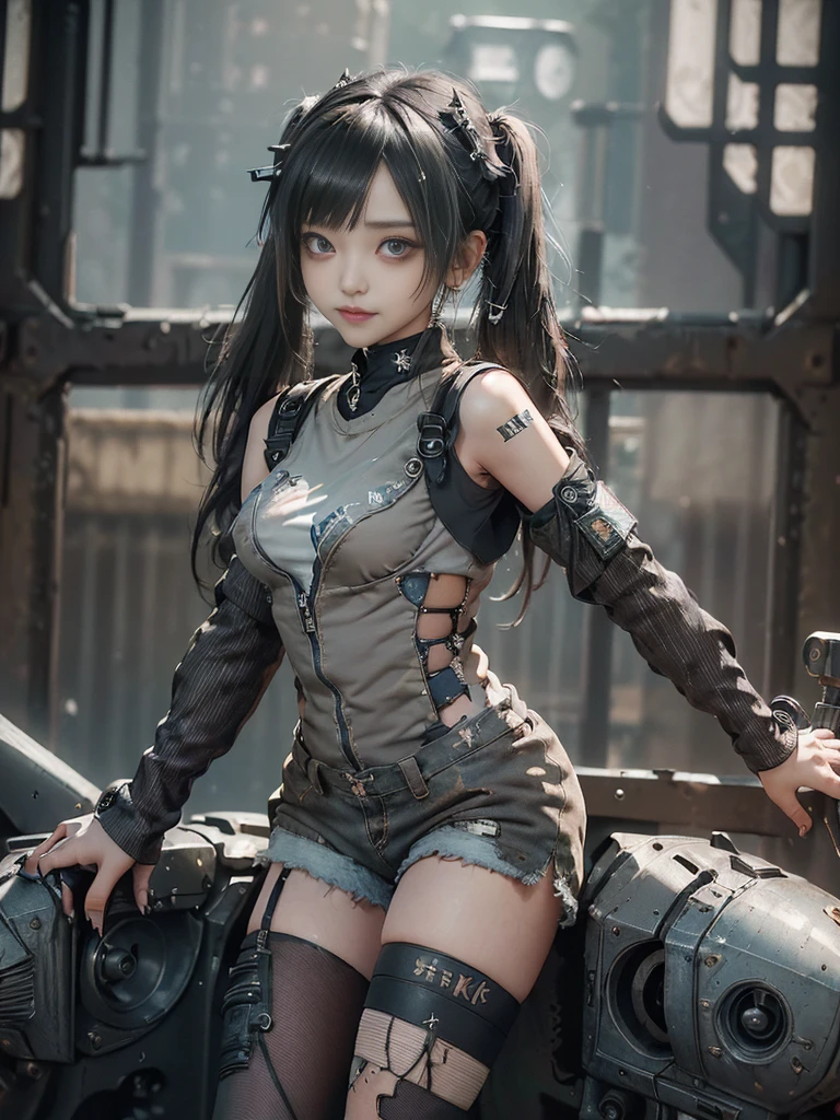 (Full Body View:1.5)、(Side view:1.0)、(Please smile with your teeth showing:1.4),(Shibuya Gal:1.5)、(Gothic Lolita style fashion:1.5)、(Tattered khaki and gray futuristic micro high leg bodysuit:1.5)、(Tattered Khakis and White Micro Fancy Sleeves:1.5)、(Tattered khaki micro shorts:1.5)、(Brown and khaki knee socks:1.3)、(camouflage:1.3)、(Military jacket:1.4)、Brown boots、Khaki gloves、internal、(The underwear is striped:1.4)、23 years old、(do a gravure pose:1.3)、((Highest quality、8K、masterpiece:1.3))、One girl、The beauty of slim abs:1.3、(Hairstyle Casual、Big Tits:1.1)、dress:1.1、Super small face、Narrow eyes、double eyelid、Laughter、Esbian all over、Dynamic Angle、Close-up、CPL Filter、Blurred Background、Bokeh、Blue Hour、Detailed face and skin texture、Detailed Eyes,(Twin tails:1.3)、(Black brown hair:1.4)、Gravure idol pose、(The background is the cockpit of a futuristic weapon.:1.3)、(The body is slim:1.2),(Slim legs:1.4),(clavicle:1.1)