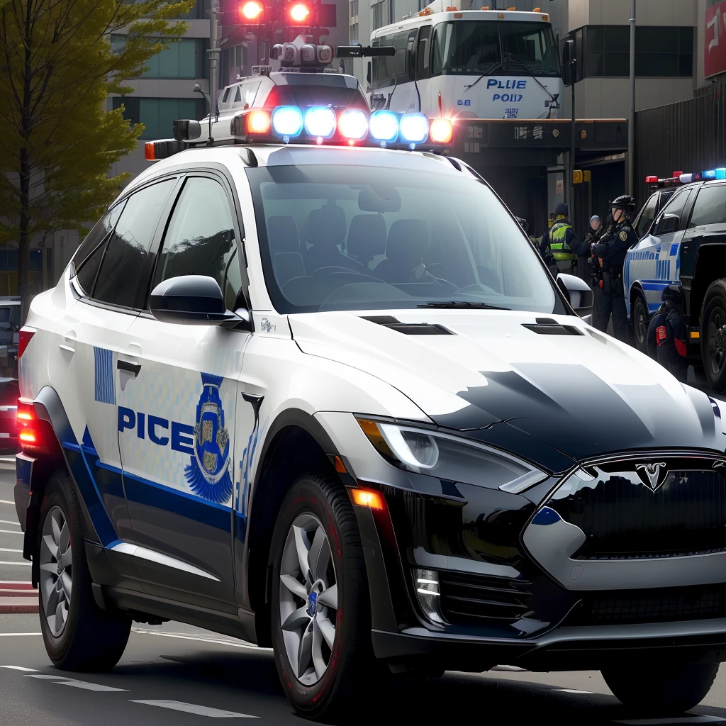 arafed police car with red lights on top of it, police cars, police, police tesla, Masami Kurumada, police car lights, military police, mechanized police infantry, Yoshida, Beasts, Masami Suda, Sui Ishida, board member, 🚿🗝📝, trending photo, Aoyama Tokyo