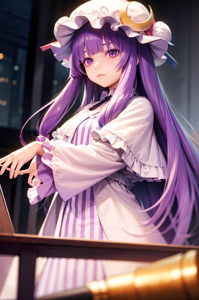 masterpiece, best quality,1girl,solo,patchouli knowledge, purple hair,purple eyes,grey background,