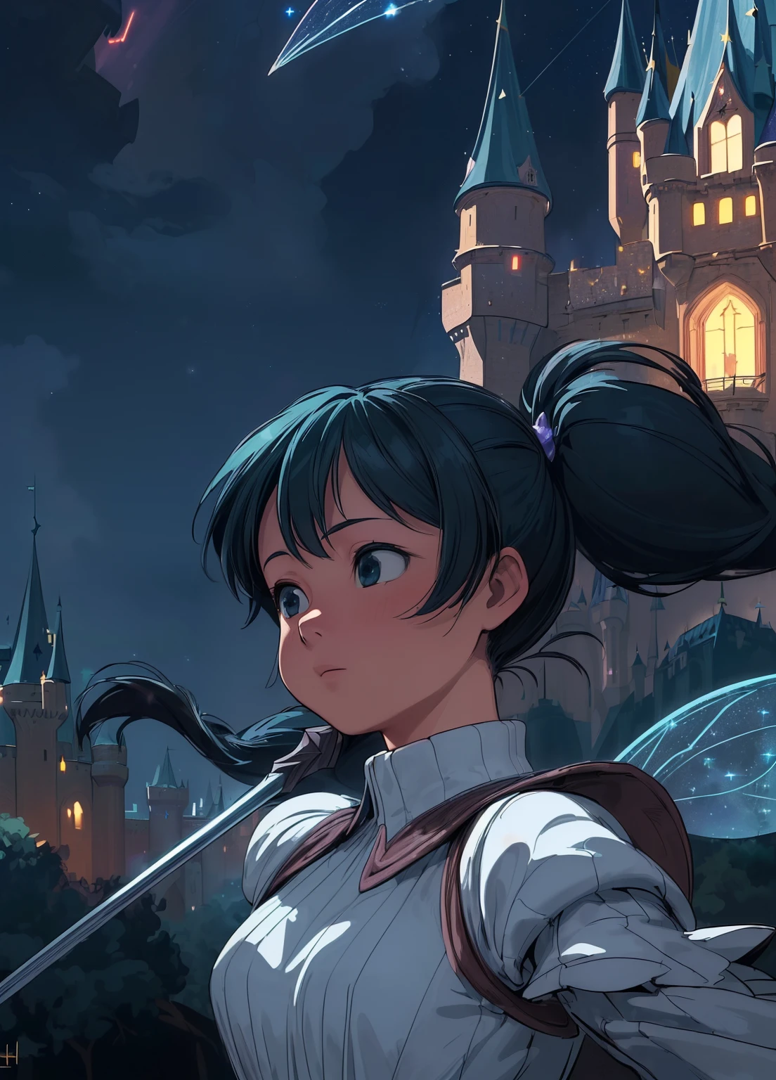 (masterpiece、Highest quality、Highest quality、Official Art、Beautiful and beautiful:1.2)、(One girl:1.3)Hatsune Miku、Twin tails,Beautiful breasts,(masterpiece, Highest quality:1.3), lease, Seiken Densetsu 3, 1 Girl, (Upper Body:1.3), (View your viewers:1.3), (With a long spear, in a fighting pose:1.3), (Cinema Lighting, fairy tale, Realistic, dream-like, Enchanting atmosphere:1.5), (A fantastic and beautiful night sky, Medieval battlefield in front of a fantasy castle:1.5),