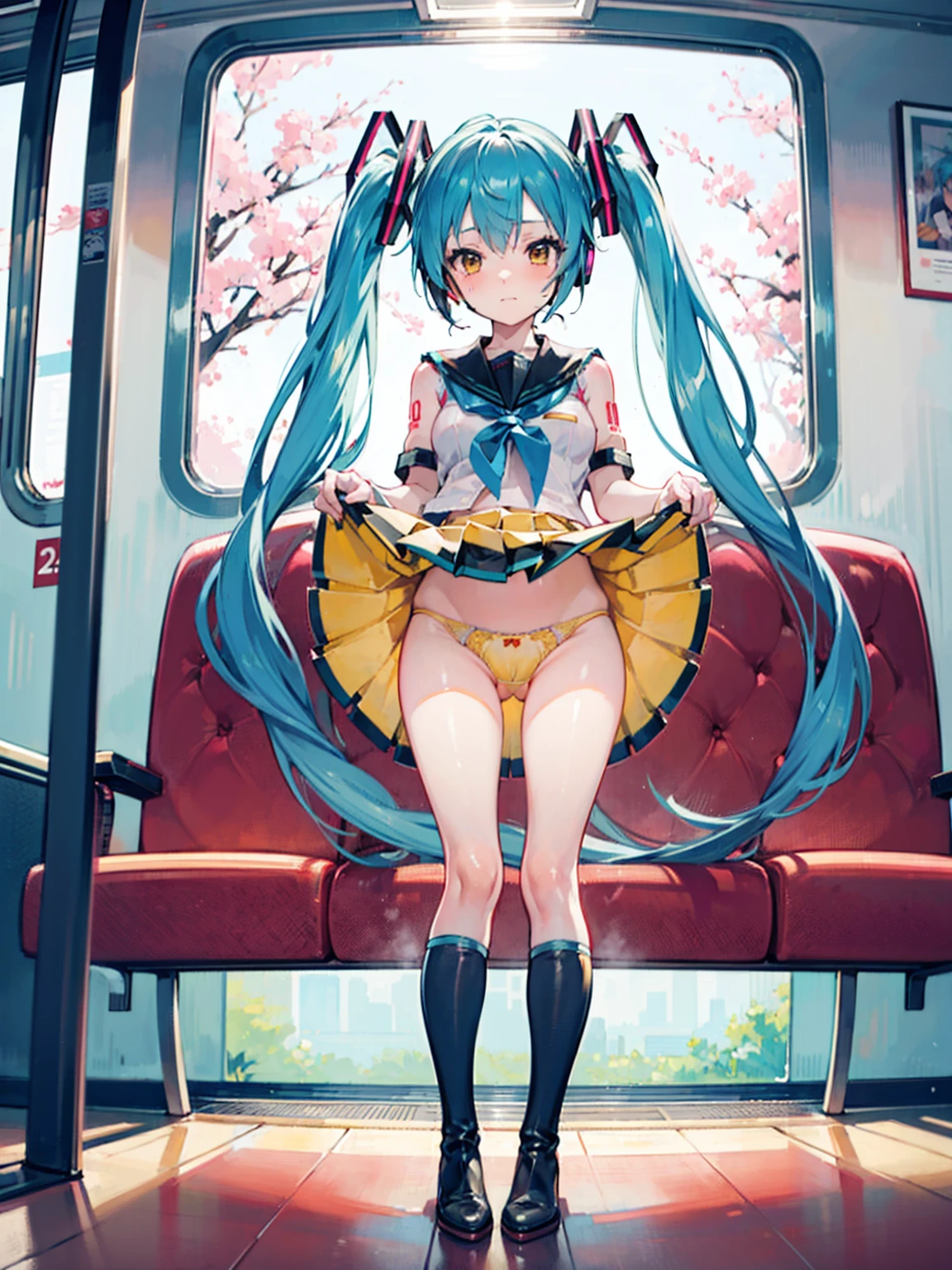 ,nsfw,Sticking ass out to the camera,embarrassed,in the train,whole body,boots,nsfw,hatsune miku\(vocaloid\),Sakura miku,8k,4k,best quality,masterpierce,BREAk,yellow panties,lift skirt,scool girl uniform,lift ribbon_trimmed_underwear,embarrassed,crotch