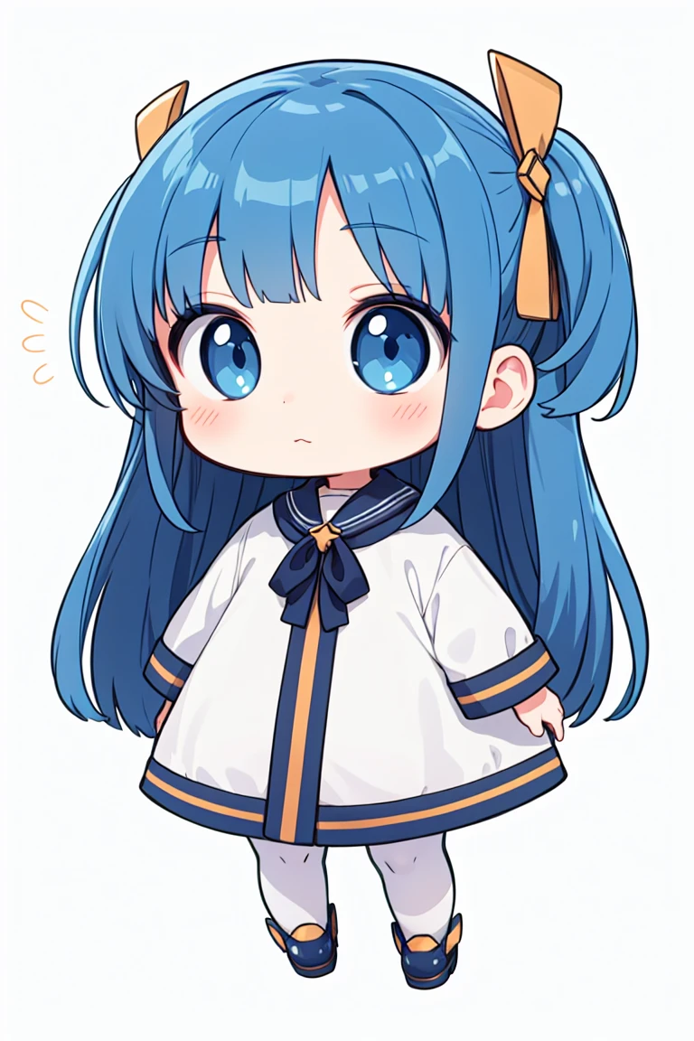 chibi, flat color, solo, full body, cute, (highest quality), blue eye, long hair, white clothes, white background, (masterpiece)