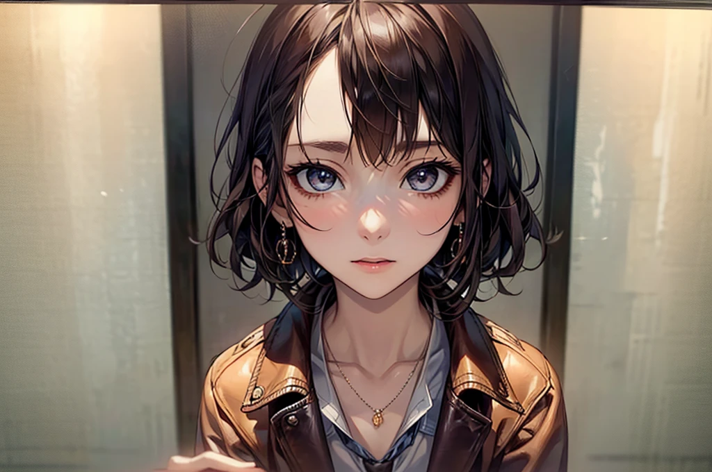 ((Biologically correct limb count))、(( A photo of your upper body, including your face))、4K、((Standing position))、masterpiece、((Focus on the face))、((Symmetrical facial features))、Eyes with detailed description、Beautiful woman、Excellent style、Beautiful clavicle、Beautiful feet、Beautiful Hands、Slender body、(stockings、High heels）、Facial detailing、Small earrings、necklace、(Red Leather Jacket、skirt)、Face close-up、Lighting the face、tie、sunny、(((White framed photo)))、Fascinating、