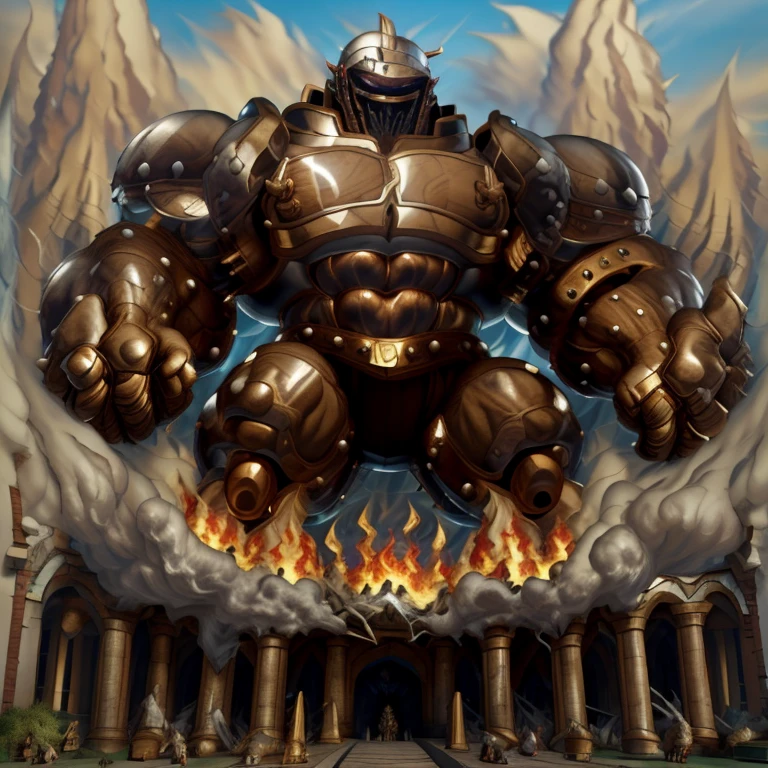 SOLO (masterpiece. official art. 8k. best quality. detailed full body. full body.)
(situation 1 : dominating Armored Flazzard. Armored Flazzard is over 1000 meters long. focus GIANT mechanical Muscular Armored Flazzard is trampling the city. Looking down. macro. stomp. Low-angle perspective. emphasizing the immense size.)
(situation 2 :smoke and flames rising from the destruction in the city)
(Additional details 1: real texture material. whole body shines like metal. emphasizes the muscles. suit fully made of metal.).
(Additional details 2: Detailed head. Detailed Body. Detailed abs. gigantic muscles. HYPER MUSCLES. Gigachad Muscular. big muscle. pecs. triceps. traps. unusually developed muscular body. body full of huge muscles. showing off muscles. pectorales enormes. Exaggeratedly huge muscles. huge muscles. long legs.).