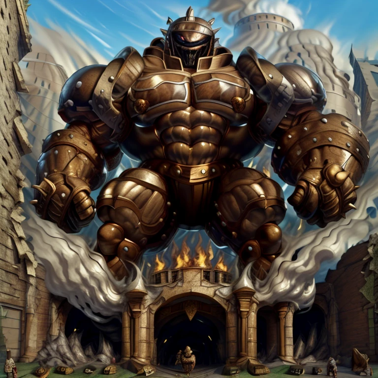 SOLO (masterpiece. official art. 8k. best quality. detailed full body. full body.)
(situation 1 : dominating Armored Flazzard. Armored Flazzard is over 1000 meters long. focus GIANT mechanical Muscular Armored Flazzard is trampling the city. Looking down. macro. stomp. Low-angle perspective. emphasizing the immense size.)
(situation 2 :smoke and flames rising from the destruction in the city)
(Additional details 1: real texture material. whole body shines like metal. emphasizes the muscles. suit fully made of metal.).
(Additional details 2: Detailed head. Detailed Body. Detailed abs. gigantic muscles. HYPER MUSCLES. Gigachad Muscular. big muscle. pecs. triceps. traps. unusually developed muscular body. body full of huge muscles. showing off muscles. pectorales enormes. Exaggeratedly huge muscles. huge muscles. long legs.).