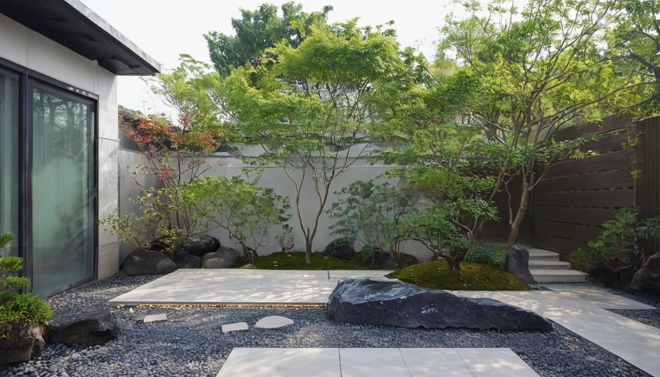 Quantum LCD,Garden,Zen Melon Garden，No humans,Tree,landscape,outdoor,sky,stairs,plant,Fence,This picture shows a modern courtyard landscape. In the background,You can see a hollow fence.，能够依稀看到后面的landscape，There are some vertical lines on the texture,In sharp contrast to the foreground.There is a uniquely shaped gray rock on the screen,Seems to be carefully selected and arranged. There is a path paved with black pebbles next to the rock.,Winding through the courtyard. Central courtyard,there is a beautifully shaped Tree with a twisted trunk and lush leaves,Gives people an ancient and exquisite feeling，There is also a small pond，There are koi fish swimming around inside，On the right side of the Tree is a small bonsai plant,The foliage is luxuriant,Presenting a vibrant scene.  The whole scene is illuminated by sunlight,Looks very peaceful.,
