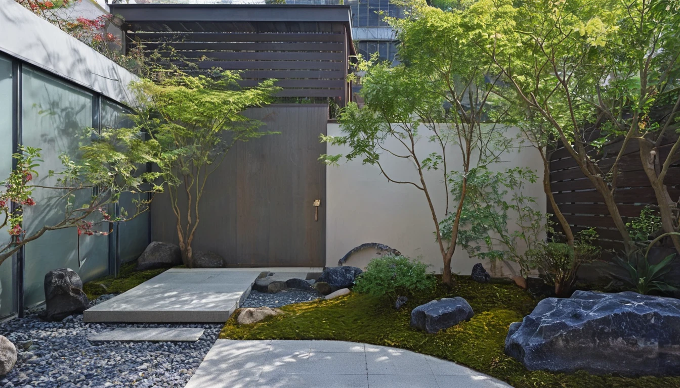 Quantum LCD,Garden,Zen Melon Garden，No humans,Tree,landscape,outdoor,sky,stairs,plant,Fence,This picture shows a modern courtyard landscape. In the background,You can see a hollow fence.，能够依稀看到后面的landscape，There are some vertical lines on the texture,In sharp contrast to the foreground.There is a uniquely shaped gray rock on the screen,Seems to be carefully selected and arranged. There is a path paved with black pebbles next to the rock.,Winding through the courtyard. Central courtyard,there is a beautifully shaped Tree with a twisted trunk and lush leaves,Gives people an ancient and exquisite feeling，There is also a small pond，There are koi fish swimming around inside，On the right side of the Tree is a small bonsai plant,The foliage is luxuriant,Presenting a vibrant scene.  The whole scene is illuminated by sunlight,Looks very peaceful.,
