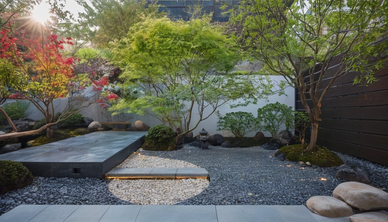 Quantum LCD,Garden,Zen Melon Garden，No humans,Tree,landscape,outdoor,sky,stairs,plant,Fence,This picture shows a modern courtyard landscape. In the background,You can see a hollow fence.，能够依稀看到后面的landscape，There are some vertical lines on the texture,In sharp contrast to the foreground.There is a uniquely shaped gray rock on the screen,Seems to be carefully selected and arranged. There is a path paved with black pebbles next to the rock.,Winding through the courtyard. Central courtyard,there is a beautifully shaped Tree with a twisted trunk and lush leaves,Gives people an ancient and exquisite feeling，There is also a small pond，There are koi fish swimming around inside，On the right side of the Tree is a small bonsai plant,The foliage is luxuriant,Presenting a vibrant scene.  The whole scene is illuminated by sunlight,Looks very peaceful.,
