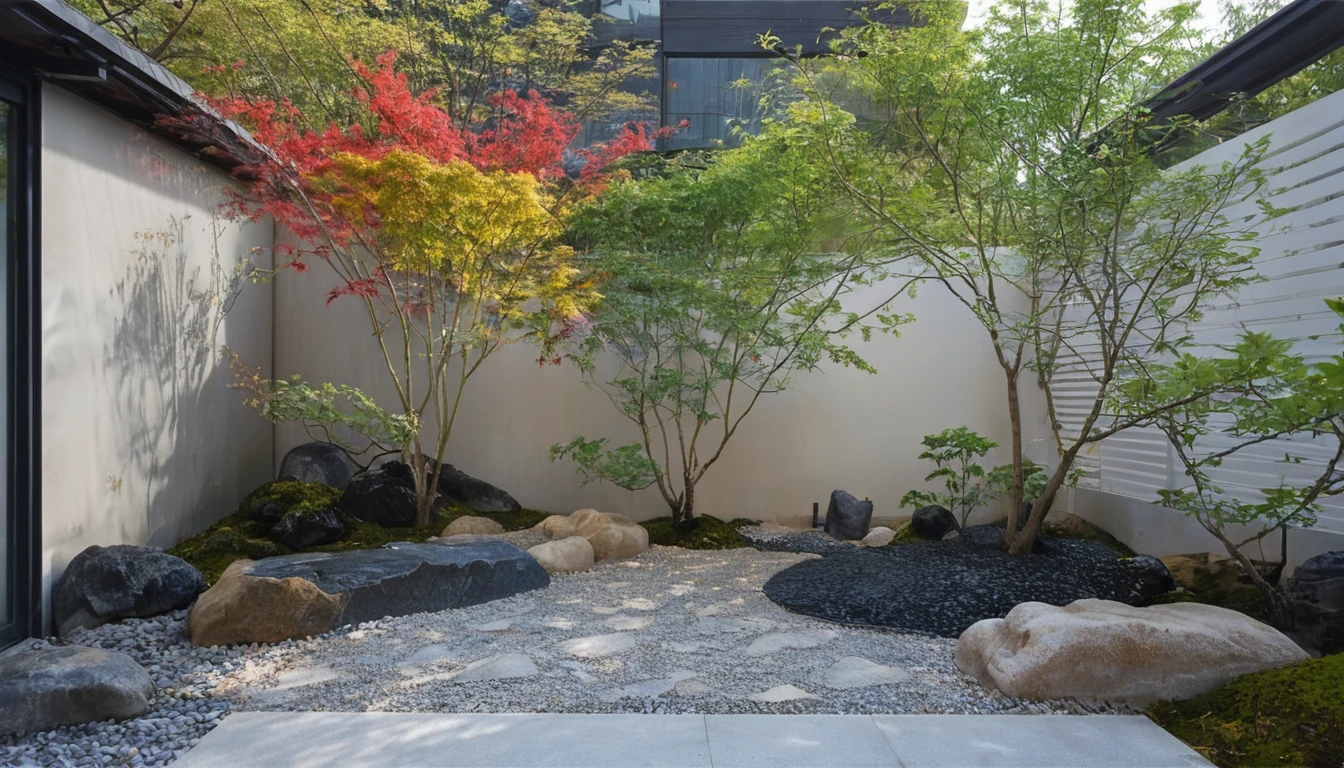 Quantum LCD,Garden,Zen Melon Garden，No humans,Tree,landscape,outdoor,sky,stairs,plant,Fence,This picture shows a modern courtyard landscape. In the background,You can see a hollow fence.，能够依稀看到后面的landscape，There are some vertical lines on the texture,In sharp contrast to the foreground.There is a uniquely shaped gray rock on the screen,Seems to be carefully selected and arranged. There is a path paved with black pebbles next to the rock.,Winding through the courtyard. Central courtyard,there is a beautifully shaped Tree with a twisted trunk and lush leaves,Gives people an ancient and exquisite feeling，There is also a small pond，There are koi fish swimming around inside，On the right side of the Tree is a small bonsai plant,The foliage is luxuriant,Presenting a vibrant scene.  The whole scene is illuminated by sunlight,Looks very peaceful.,
