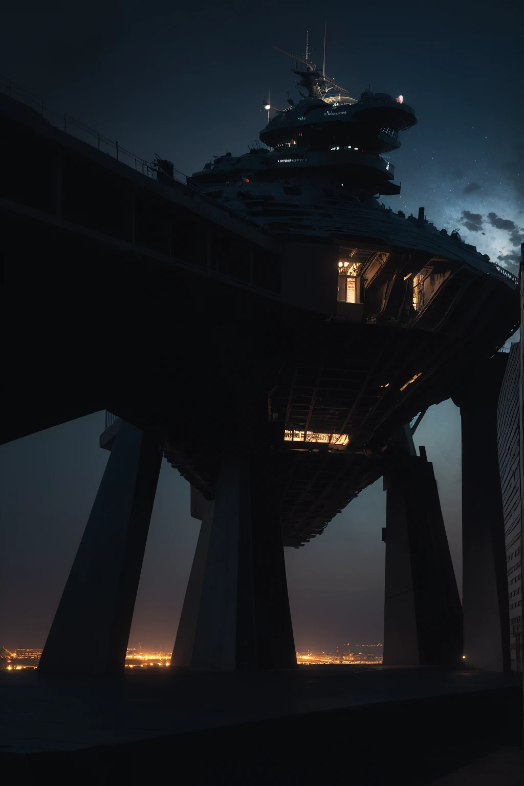 (Best Quality, 4k, ultra detailed, high resolution, Masterpiece: 1.2),(wide angle, Character in the distance on a futuristic building:1.5), There is a character seen from afar, located on a high observation point:1.4. It is small compared to the surroundings., highlighting the magnitude of the ship. The character is equipped with a space suit:1.5, with flashing lights and mechanical details.view of outer space: Through the ship's openings, you see a vast starry space. The stars are unevenly distributed., creating variable densities and suggesting the remoteness of some celestial objects.