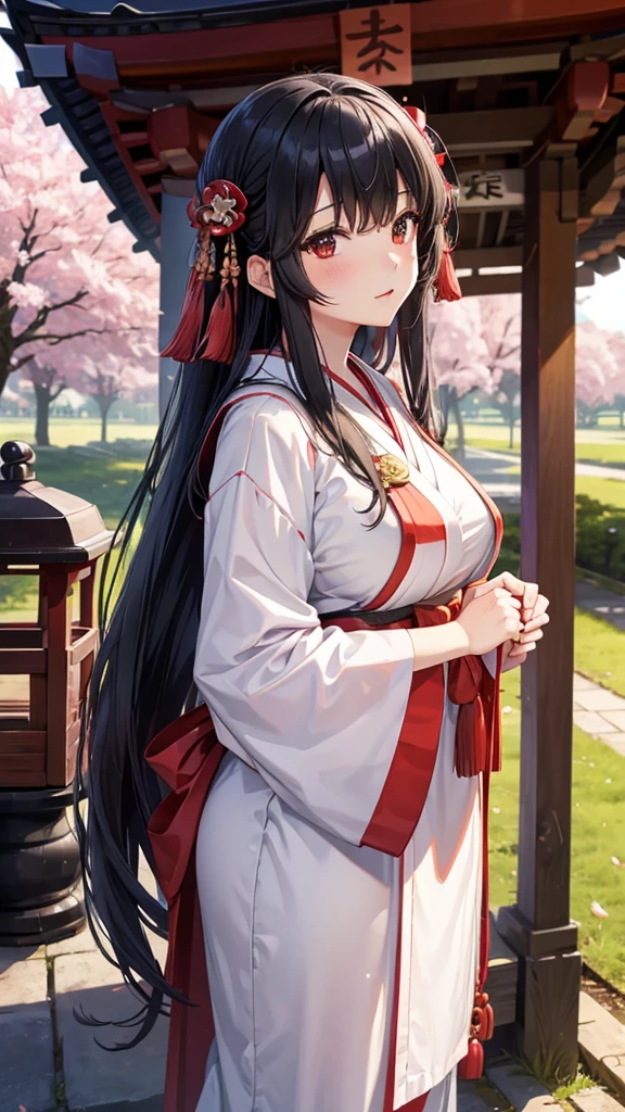 One woman,whole body,Big Breasts,Black Hair,Long Hair,Shrine maiden,shrine,Standing under a cherry tree, looking up,mysterious