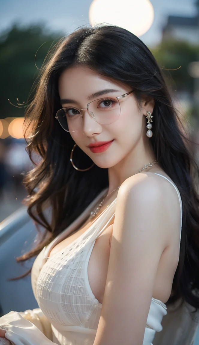 (Canon RF85mm f/1.2), (8K, original photo, best quality), (masterpiece), (Practical, photograph Practical), (Extremely detailed, High Detail, Best image quality, Very detailed, high resolution, Very detailed, Extremely detailed的描述, very good, Extremely exquisite and beautiful work), Beautiful and delicate girl, Solo Girl, ((Perfect body)), Very detailed eyes and face, White skin, Noble and beautiful, ((Delicate skin texture, Pores)), Perfect anatomical structure, Beautiful body, Delicate face, Slim abdominal muscles, Slim waist), Big Ass, (Large Breasts, Breast enlargement), (Clive Arch), (Soulful gaze, soulful eyes, Glowing eyes), (Beautiful clear eyes), (Bounce Curly Messy Long Hair), (Smile:1.2), (Fascinated expression), (Beautiful appearance), ((Cardigan,Wedding dress)), ((Tight Fit)), ((bud)), ((wear glasses)), earrings, necklace, ((night)), ((Street View, moonlight)), Physically Based Rendering, Realistic lighting, (((Upper Body))), ((Looking at the audience)), ((Everlasting)), ((Happy and shy))