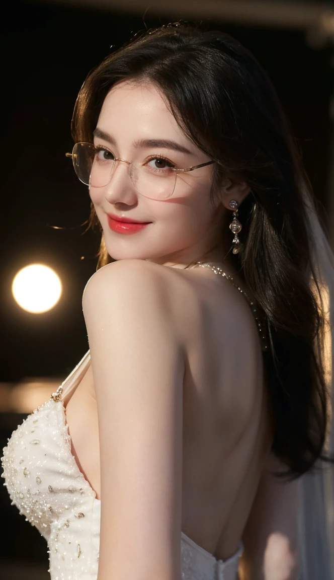 (Canon RF85mm f/1.2), (8K, original photo, best quality), (masterpiece), (Practical, photograph Practical), (Extremely detailed, High Detail, Best image quality, Very detailed, high resolution, Very detailed, Extremely detailed的描述, very good, Extremely exquisite and beautiful work), Beautiful and delicate girl, Solo Girl, ((Perfect body)), Very detailed eyes and face, White skin, Noble and beautiful, ((Delicate skin texture, Pores)), Perfect anatomical structure, Beautiful body, Delicate face, Slim abdominal muscles, Slim waist), Big Ass, (Large Breasts, Breast enlargement), (Clive Arch), (Soulful gaze, soulful eyes, Glowing eyes), (Beautiful clear eyes), (Bounce Curly Messy Long Hair), (Smile:1.2), (Fascinated expression), (Beautiful appearance), ((Cardigan,Wedding dress)), ((Tight Fit)), ((bud)), ((wear glasses)), earrings, necklace, ((night)), ((Street View, moonlight)), Physically Based Rendering, Realistic lighting, (((Upper Body))), ((Looking at the audience)), ((Everlasting)), ((Happy and shy))