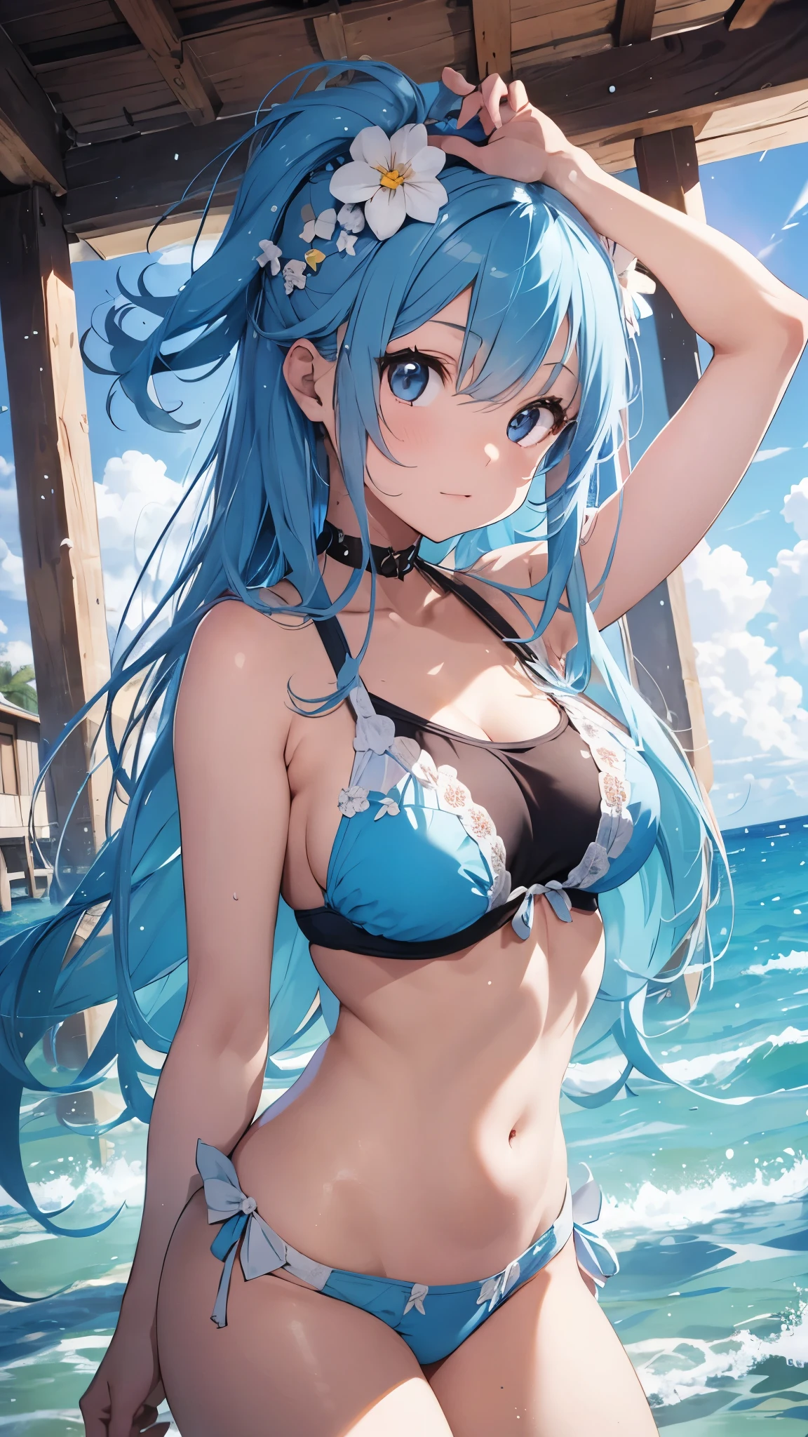 A girl with light blue hair drawn in high resolution Japanese anime style、whole body、Women in white bikinis taking photos on a deserted beach, model bikini, , Young and cute gravure idol, Posing together in bras, Russian and Japanese mix, sakimichan, Asian woman, Wear a swimsuit, that'that'that'that'that'that'that'that'that'that'that'that'that'that'that'that'that'that'that'that'that'It's hot with the shining sun, Japanese Model, Cute Core, sakimichan hdri, Young Gravure Idol, Chubby