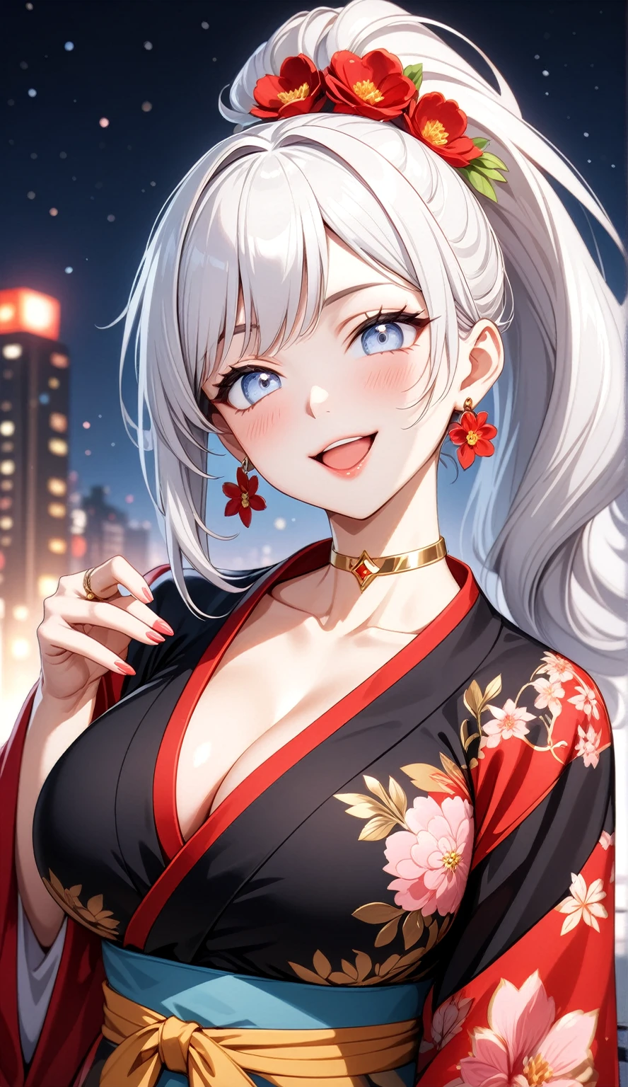 ((One personの女性)), Beautiful Face, (Laughing embarrassedly), (laugh:1.2),((Wink:1.7)), (head tilt:1.3), Laugh with your mouth wide open, upper teeth, looking down at viewer, ((Bright red cheeks:1.4)),Glossy Red Lips,rooftop, firework, Glossy red lips, Shining Face, ((Anime style background)),masterpiece, Highest quality, so beautiful,up to date, Complex details, (Pink long nails),(ring),(bracelet),(Floral choker),AI-generated, Complex,High resolution, Highest quality, super high quality,3D Images、3D Images,One person,Long white hair,High Ponytail, Anime woman posing for a photo,(blue eyes), ((Fine grain、Silvery white, lightly pigmented eyes、Shining Eyes:1.4)), (Squint your eyes:1.1),a hyperRealistic , hyperRealistic , Realistic,Anime woman with long white hair, Smooth anime CG art, A woman in a colorful kimono with gold embroidery, (Black long sleeve kimono),Red floral pattern,Long flower hair ornament,Earrings,Mature Body,(Big Breasts:1.1),Tall,Abdominal muscles,Tight waist,(Zoom up to face:1.4), (front view),