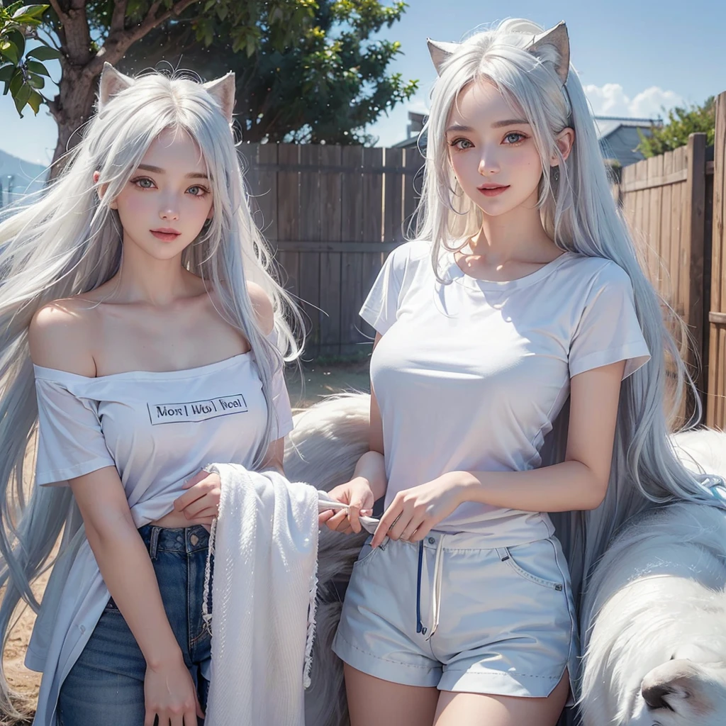 a large wheat field、 Windy blue sky, White Wolf、 ((Highest quality、masterpiece、8K、Best image quality、Ultra-high resolution、Award-winning works)、(Accurate anatomy:1.1)、(Look at me and smile:1.1)、Shining fair skin with Ultra-high resolution、The most detailed face、Ultra-high resolution detailed face、Short, flowing white hair 、Beautiful face drawn in every detail,T-shirt and shorts, Modest chest , A real wolf next to a girl 