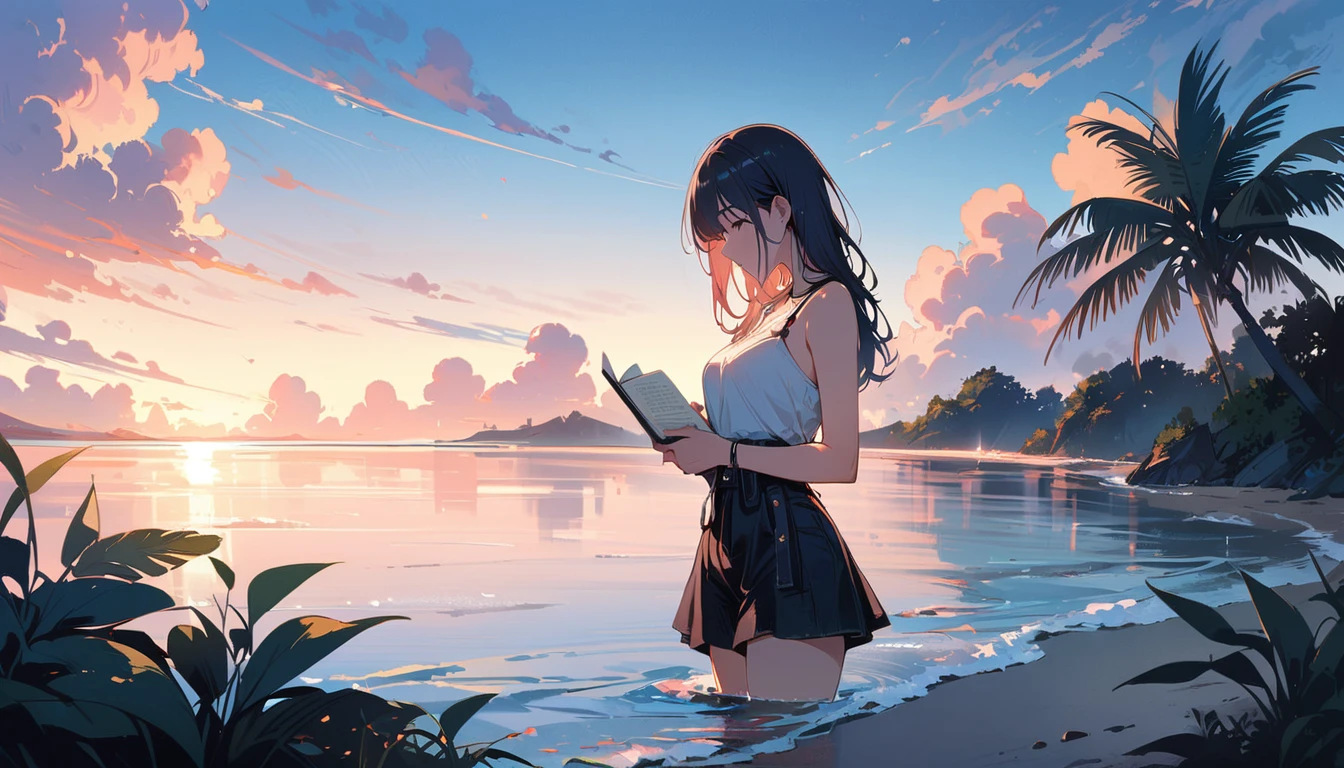 (masterpiece, Highest quality:1.2), 1 Girl, alone,Eyes open,I have a book,Tropical atmosphere,Ocean
