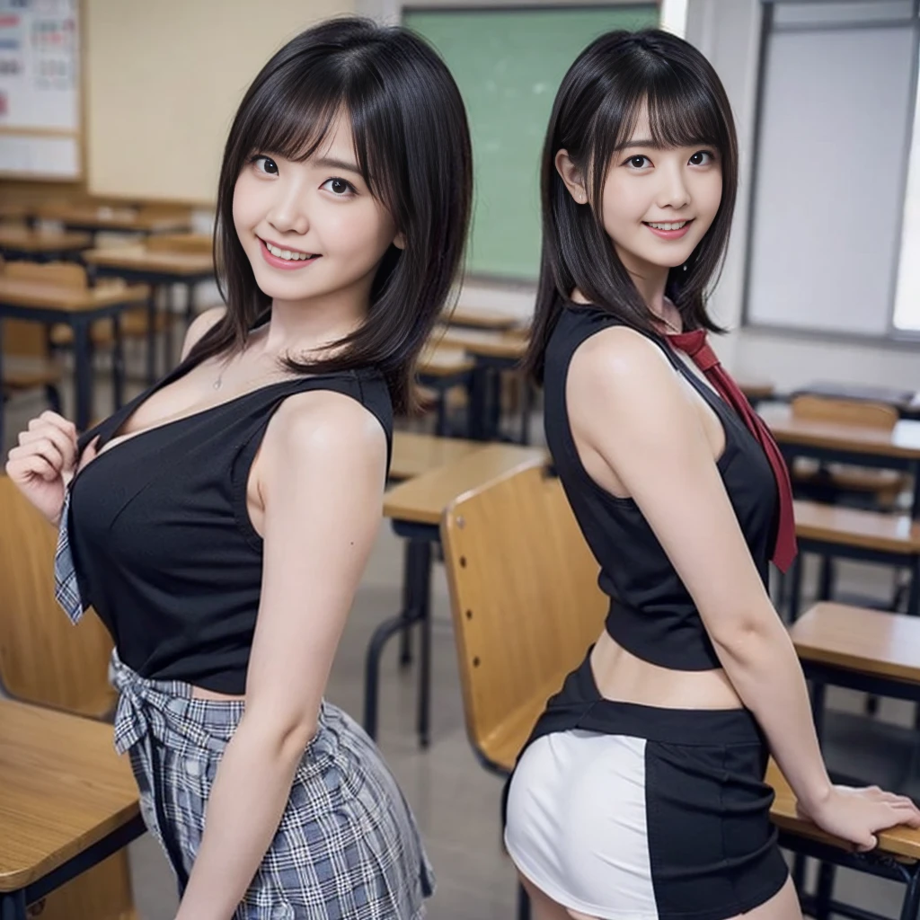 （from below:1.3)、（high school girl、Checked micro mini skirt、Sleeveless、tie、Ass、Black Hair、Big Ass、School classroom）、Extremely sexy、smile、Professional Lighting、Small waist、Beautiful adult woman、Captivating thighs、Very large breasts、Cleavage、Are standing