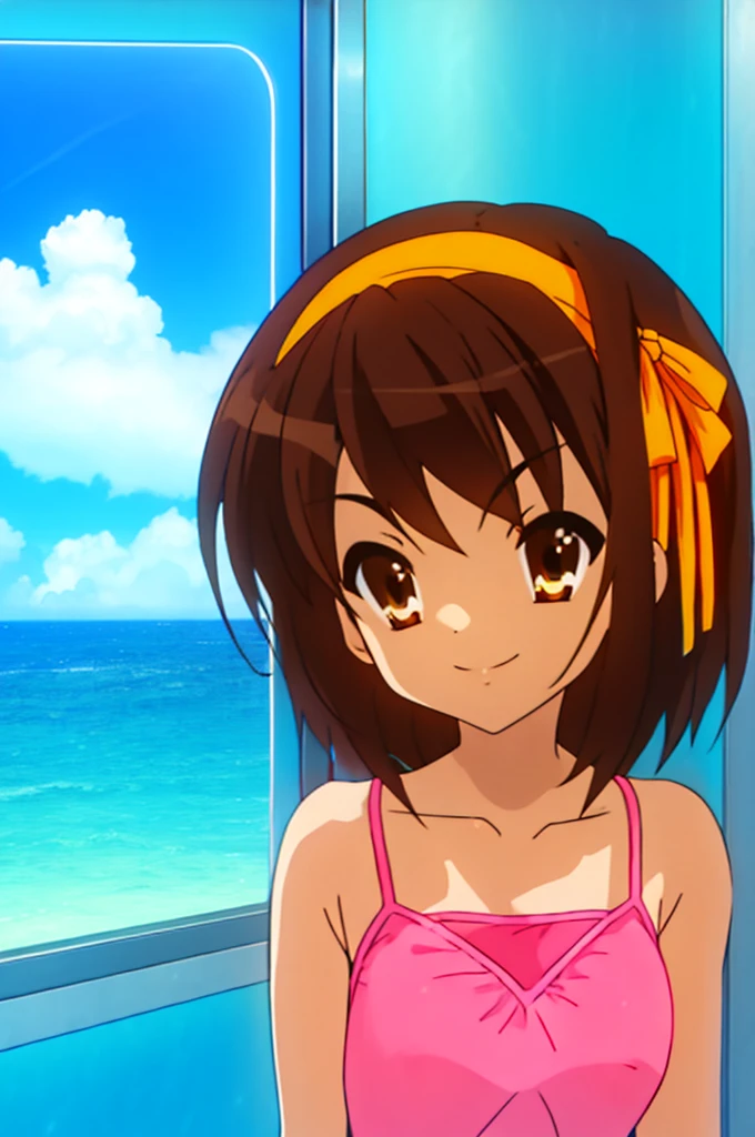 haruhi, 1girl, solo, breasts, smile, short_hair, bangs, brown_hair, ribbon, bare_shoulders, brown_eyes, collarbone, hair_ribbon, upper_body, hairband, sky, sleeveless, day, cloud, medium_hair, v-shaped_eyebrows, window, ocean, halterneck, tank_top, casual, camisole, train_interior, orange_hairband