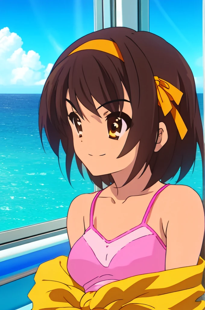 haruhi, 1girl, solo, breasts, smile, short_hair, bangs, brown_hair, ribbon, bare_shoulders, brown_eyes, collarbone, hair_ribbon, upper_body, hairband, sky, sleeveless, day, cloud, medium_hair, v-shaped_eyebrows, window, ocean, halterneck, tank_top, casual, camisole, train_interior, orange_hairband