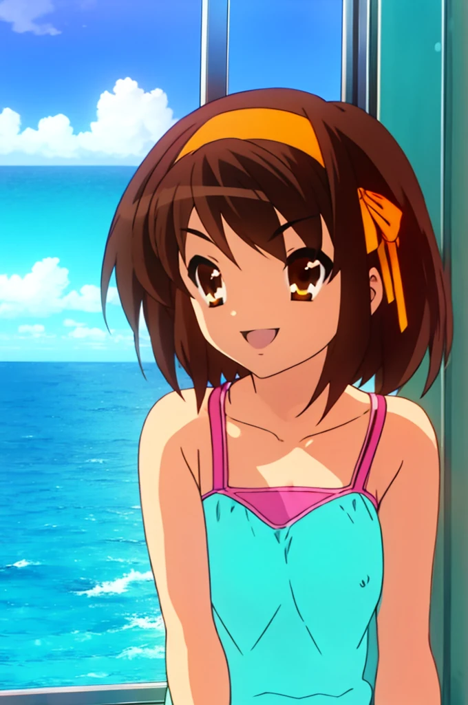 haruhi, 1girl, solo, breasts, smile, short_hair, bangs, brown_hair, ribbon, bare_shoulders, brown_eyes, collarbone, hair_ribbon, upper_body, hairband, sky, sleeveless, day, cloud, medium_hair, v-shaped_eyebrows, window, ocean, halterneck, tank_top, casual, camisole, train_interior, orange_hairband