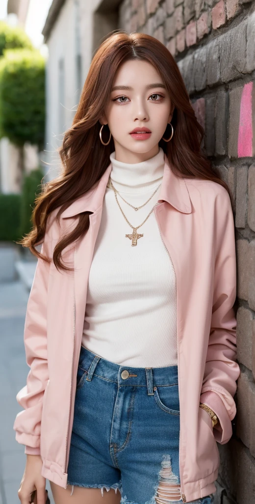 (masterpiece, best quality, 1 girl, solo, intricate details, chromatic aberration), realistic, ((medium breath)),long hair, red hair, red decoration on the head, pink highlights, amber eyes, earrings, sharp eyes, necklace, neon shirt, ripped shorts, unbuttoned jacket, turtleneck, night, against the wall, brick wall, graffiti, dim lighting, alley, look at the viewer