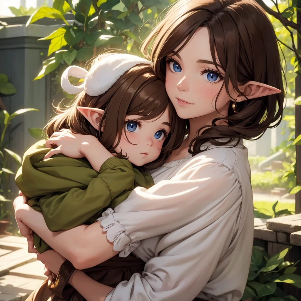 A white woman with brown hair holding a baby elf in her arms