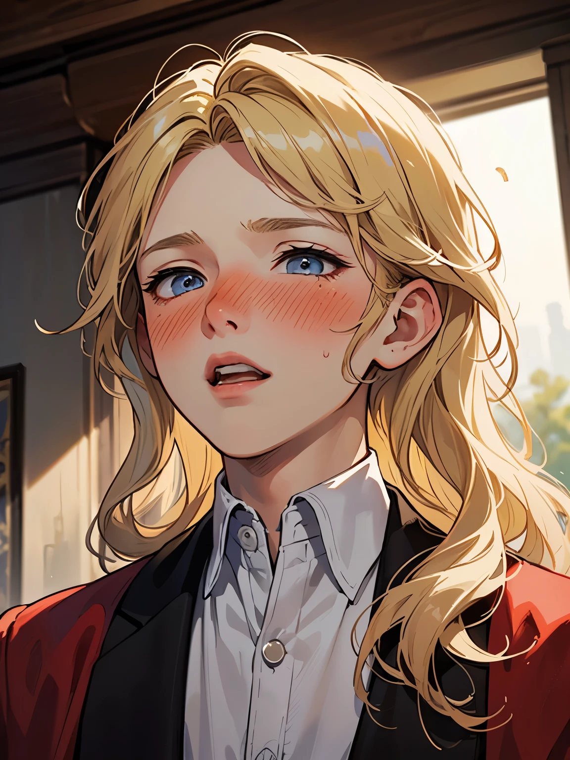 ((1boy in his early teens)), ((blond, medium-long, middle-part wavy hair)), nose blush, medieval European formal attire, from below, half-opened eyes, parted lips, yawning, [suffering stuffy nose], edgOrgasm, ((face focus))