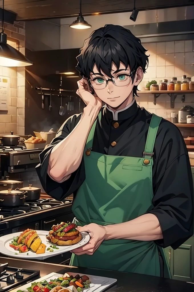 (masterpiece, highest quality, best quality, highest detailed, perfect face) 1 male, adult, muscular, broad man, long green hair, green eyes, (Clothes: glasses, black undershirt, kitchen accessories, apron) in a fast food kitchen, cooking, lots of food, lewd smile,