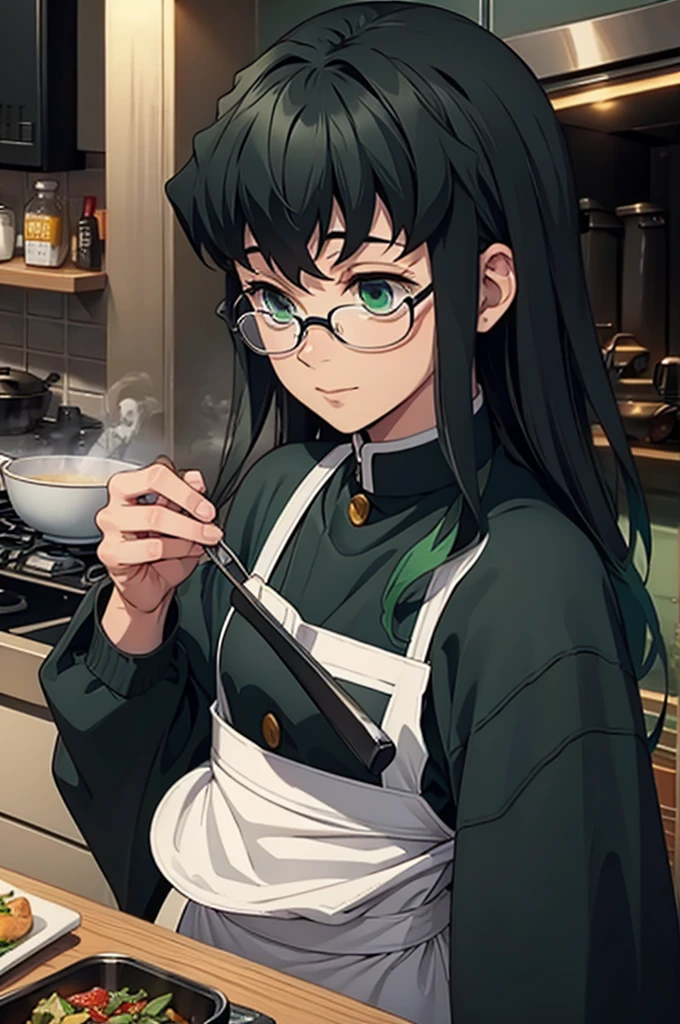 (masterpiece, highest quality, best quality, highest detailed, perfect face) 1 male, adult, muscular, broad man, long green hair, green eyes, (Clothes: glasses, black undershirt, kitchen accessories, apron) in a fast food kitchen, cooking, lots of food, lewd smile,