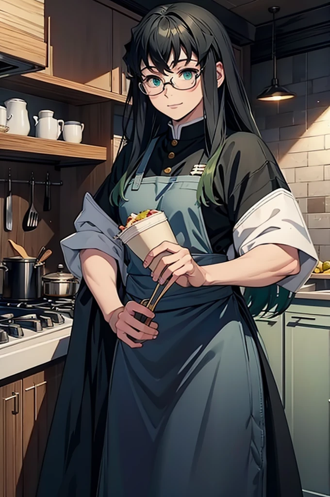 (masterpiece, highest quality, best quality, highest detailed, perfect face) 1 male, adult, muscular, broad man, long green hair, green eyes, (Clothes: glasses, black undershirt, kitchen accessories, apron) in a fast food kitchen, cooking, lots of food, lewd smile,