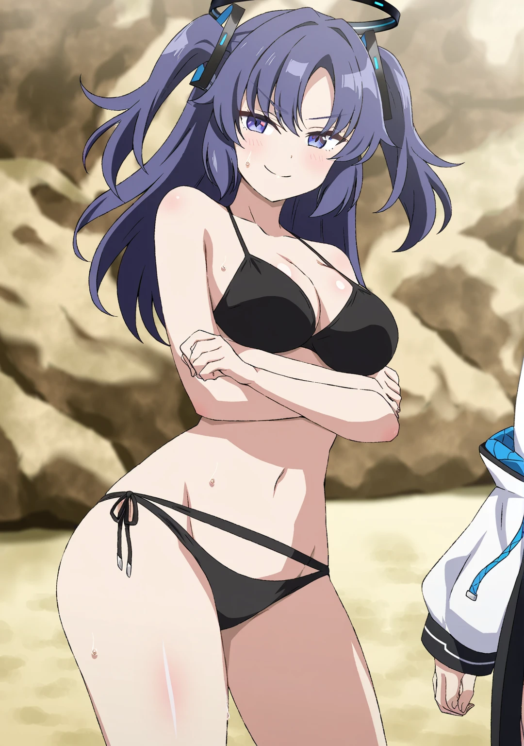 1girl,yuuka\(blue archive\),blue archive, (hara(harayutaka)_style :0.7),{{official art}}, highly detailed,best quality, very thin line, clear lines, hetero, large , censored, mosaic censoring, seductive smile, fun,solo focus, sweat, looking at viewer,bangs, collarbone,anime visual of a cute girl,anime best girl,bangs,looking at viewer,breastsal artwork, offcial art,official artwork, highly detailed official artwork,breasts, censovel, mosaic censoring, looking at viewer, solo focus, anime_style,detailed anime,solo focus,highres,extremely detailed,black bikini,cleavage,closed mouth face,standing,thighs,black bikini, Stylish bikini in black , high exposure.,beach,(standing straight :1.1),blurry background, Standing upright with arms crossed behind her back, showing a confident and composed stance.