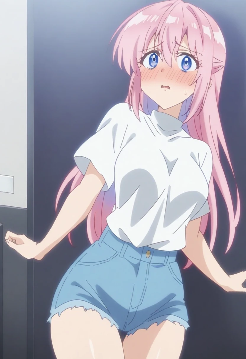 anime art style, masterpiece, best quality, very aesthetic, absurdres, dynamic shadows, atmosferic, shikimorisan, (1girl), pink hair, long hair, blue eyes, hair between eyes, bangs, curvy body, medium breasts, sexy, casual clothes, turtleneck shirt, denim shorts, borrowed, embarrased, intense blush, ((cowboy shot)), (from front), (standing on one leg), (indoors), (looking at viewer:1.0)