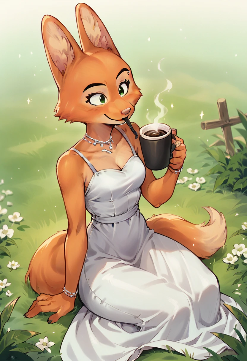 Diane Foxington with white dress sitting on grass, drinking coffee