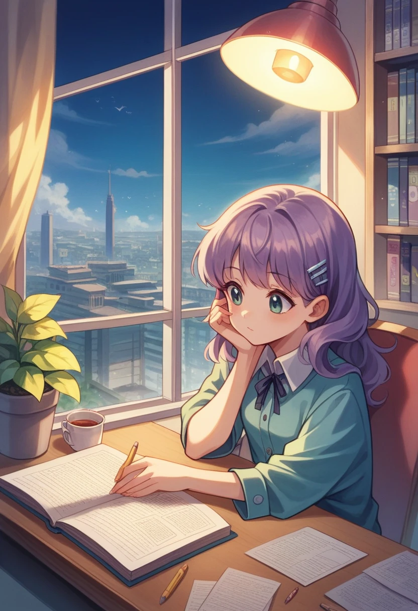 A tranquil, 1980s-style urban apartment designed for a YouTube Lofi music channel. The scene includes a cute, anime-style girl with a serene expression sitting at a desk, studying, viewed from the side. The apartment has modern furniture, large windows showing a cityscape, and shelves filled with books and plants. The girl is surrounded by study materials, including notebooks, pencils, and a lamp. Soft, pastel colors dominate the scene, creating a soothing and peaceful atmosphere. There are hints of everyday life, such as a cat sitting on the windowsill and a cup of tea on the desk. The overall vibe is relaxed and focused, perfect for a Lofi music channel. The artwork should have a high level of detail and clarity.