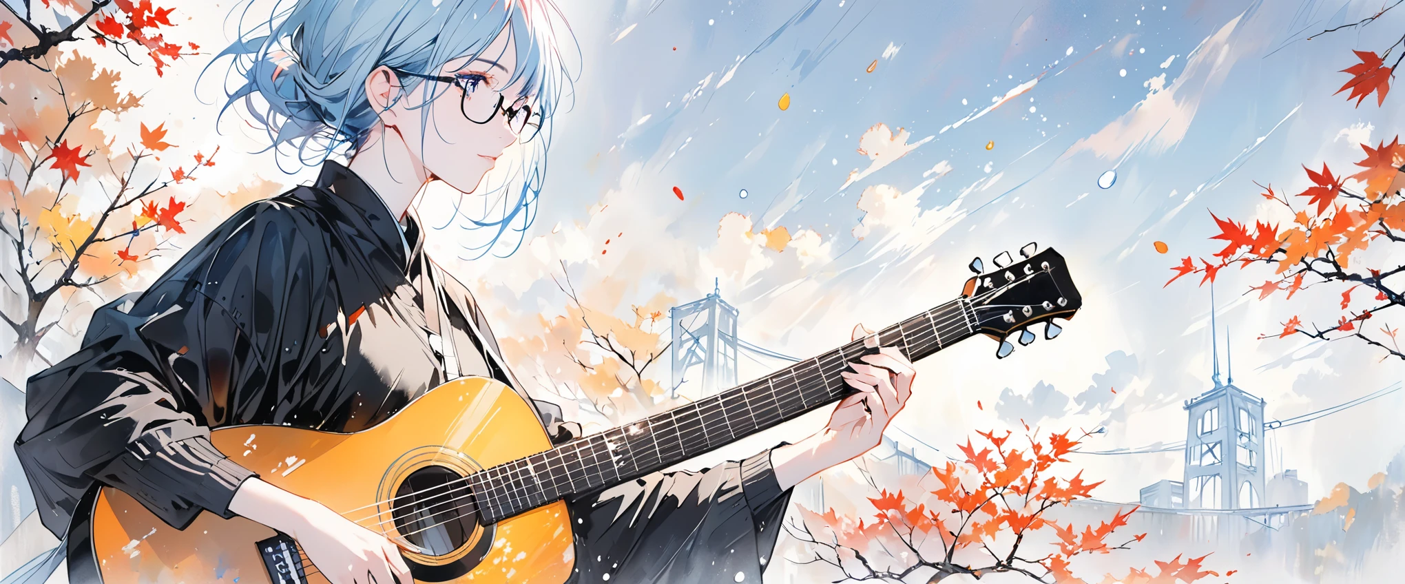 A painting by mse《man wearing glasses》,author:agnes cecile, Luminous design, Soft colors, Ink drops, Autumn Lights, Holding Guitar, Accorstic guitar, side view