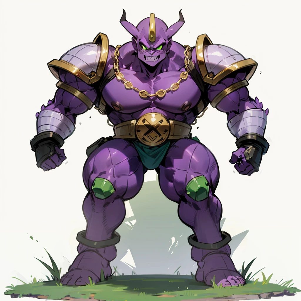 (Random Evolution, Colossal ogre mixed captain captain ginyu), armor body, full body version, full purple and white colour skins, (green eyes), (Grassroots), no background