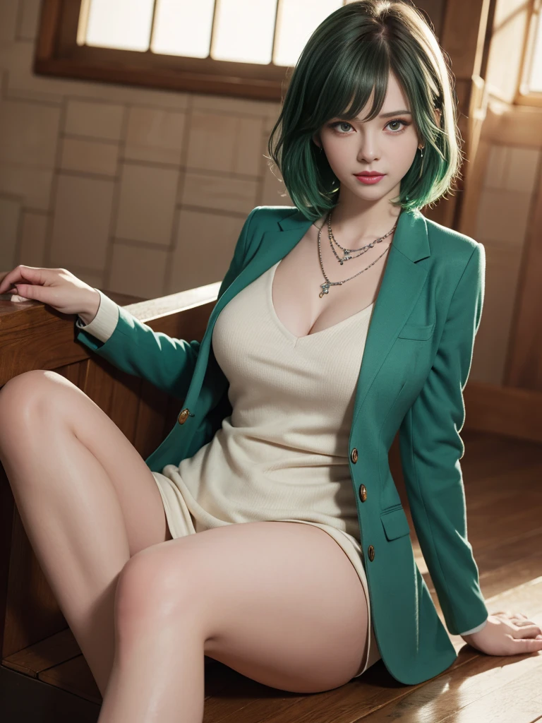 russian girl, fullbody, necklace, jewelry, green hair, red eyeliner, brown eyes, bangs, sexy pose, best quality, masterpiece, wearing suit, an extremely delicate and beautiful, CG, unity, 8k wallpaper, Amazing, finely detail, masterpiece, official art, extremely detailed CG unity 8k wallpaper, incredibly absurdres, huge filesize, ultra-detailed, highres, extremely detailed, beautiful detailed girl, realistic, full frontal, light contrast, completely legs