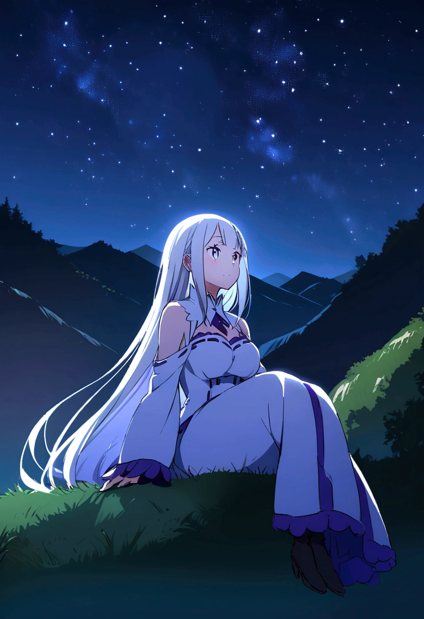 Chill, Landscape, Stars, on the mountain. Girl who's look like Emilia from Re:zero Anime, looking at the sky while she's sitting. Night, Shining.
