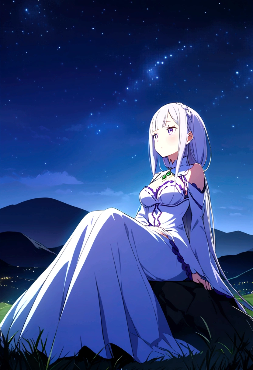 Chill, Landscape, Stars, on the mountain. Girl who's look like Emilia from Re:zero Anime, looking at the sky while she's sitting. Night, Shining.