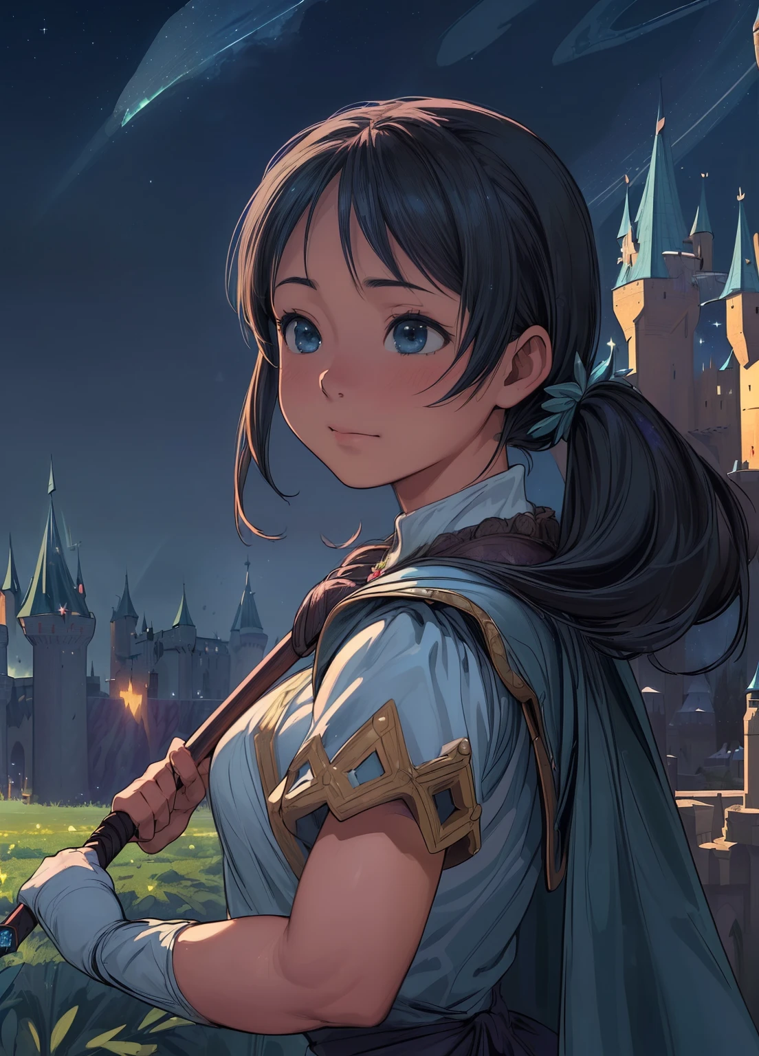 (masterpiece、Highest quality、Highest quality、Official Art、Beautiful and beautiful:1.2)、(One girl:1.3)Hatsune Miku、Twin tails,Beautiful breasts,(masterpiece, Highest quality:1.3), lease, Seiken Densetsu 3, 1 Girl, (Upper Body:1.3), (View your viewers:1.3), (With a long spear, in a fighting pose:1.3), (Cinema Lighting, fairy tale, Realistic, dream-like, Enchanting atmosphere:1.5), (A fantastic and beautiful night sky, Medieval battlefield in front of a fantasy castle:1.5),