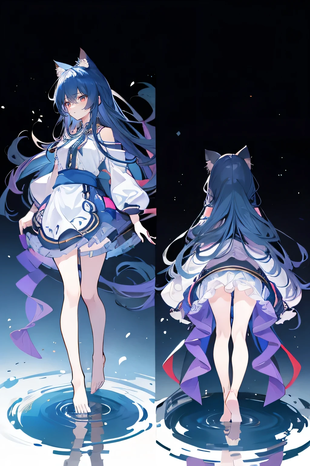 (masterpiece:1.2),Super detailed,lifelike,Expressive eyes,fair skin,perfect face shape,1 girl,
Japanese comics,Gorgeous blue hair,flowing blue hair,flowing clothes,Cat ears,Petals fall,beautiful lola,Baby Angel,
Shaking head with one hand,Cross your legs,Gentle and peaceful background,The pavilion is cool and comfortable,smile, wearing hoodie, background of tokyo,back views,snowing, winter,lie on the water. dark blue gradient hair,asymmetrical hair,((Hair is very thick 1.8,Chiseled hair 1.6)), Hair over the shoulders, Messy hair, Very long hair, shiny hair,(long dark blue hair:1.2),A beautiful girl,(Transparent clothes transparent 1.8),Perfect body,Big thin legs,slender,(Looks very sad,Looks haggard ,sadness,shut your mouth:1.2) Against the backdrop of an unusually bright dark starry sky,(Put your hands behind your back),(round,Room, Strong breasts),barefoot,float,water surface,(long legs,long legs,long legs,Complete)